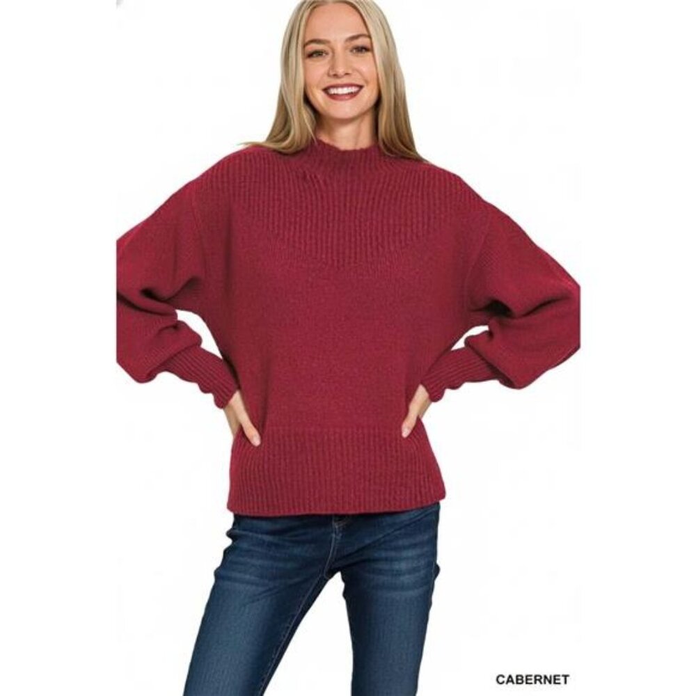 Zenana Balloon Sleeve Mock Neck‎ Sweater